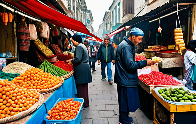 **A vibrant street market scene in a foreign city.** Focus on the details: local vendors, unique food items, and people interacting. Aim for a documentary-style photograph that captures the essence of daily life and cultural exchange.
