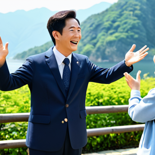 Home 14 Storytelling Tour Guide**
"A cheerful tour guide, fully clothed in professional attire, passionately telling a story to a small group of tourists in front of a scenic landmark (e.g., 성산일출봉). The guide is animated and engaging, gesturing with well-formed hands. Capture the feeling of connection and shared experience. Safe for work, appropriate content, perfect anatomy, natural pose, high quality, family-friendly, bright sunny day."
**